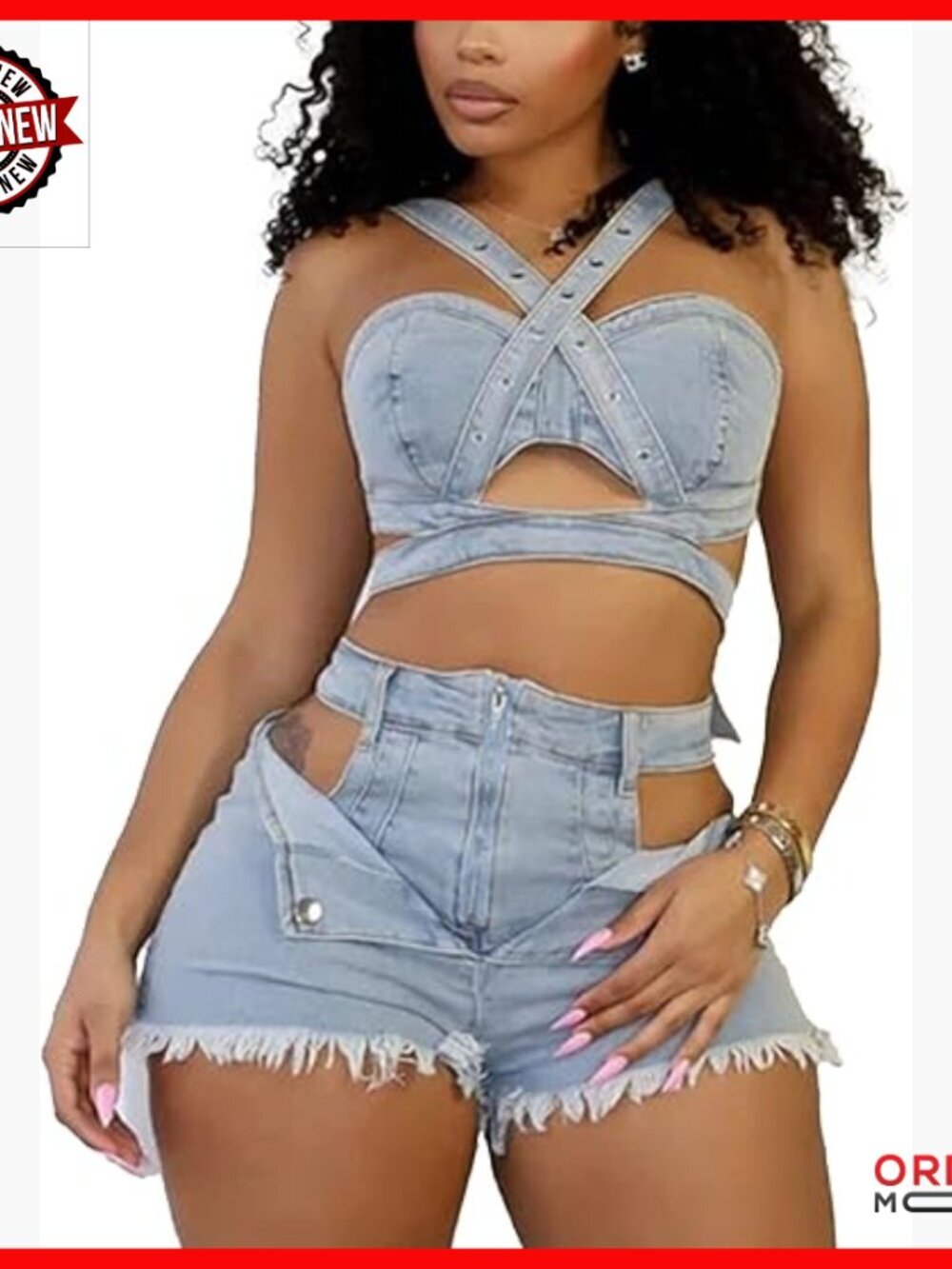 Sleeveless Denim Crop Top and Bodycon Shorts Set - X-Large Slim Fit
